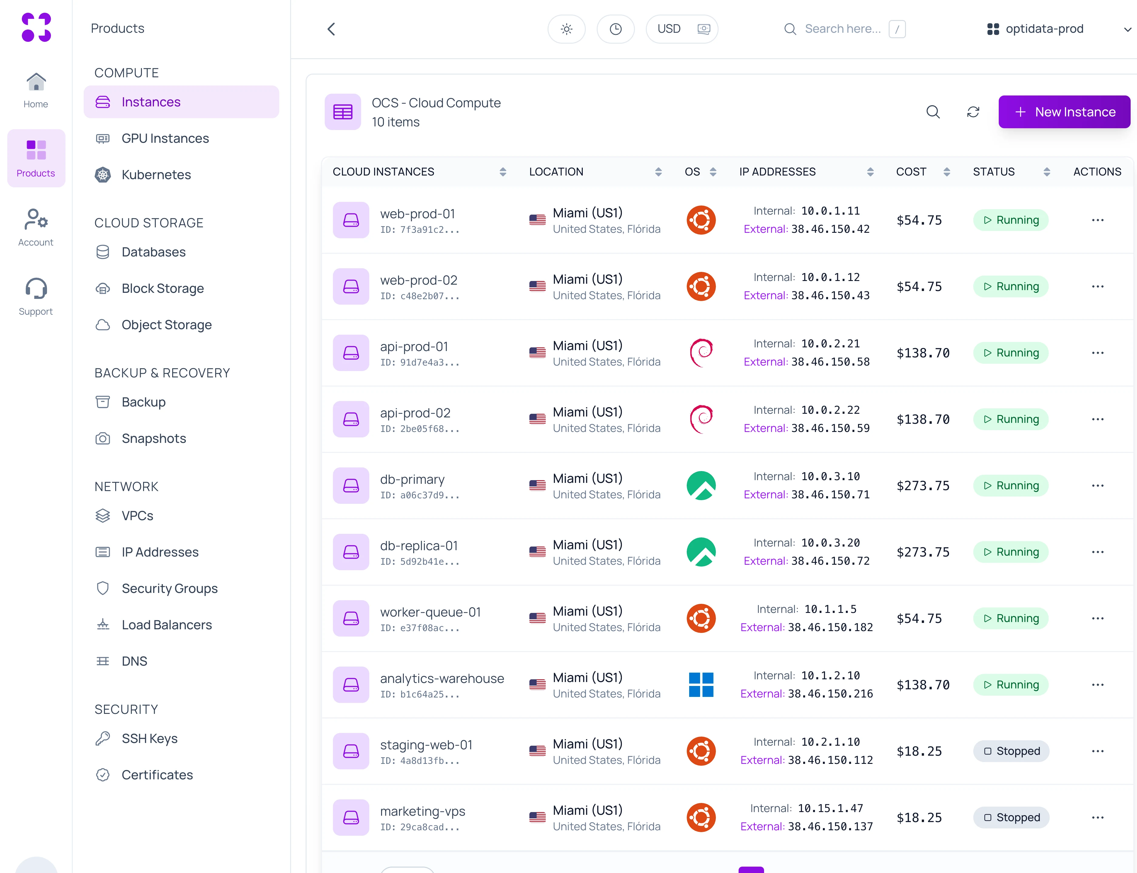 Instance list in the Optidata Cloud console, with demo data